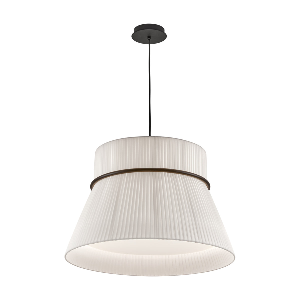 Folie S/60 Ribbon Tiered Pendant Light in White, with a pleated two-tier fabric shade and dark ring at the join, suspended from a black ceiling cord on a plain white background.