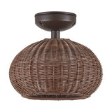 Garota PF/01 semi-flush outdoor ceiling light with a round globe shade in brown woven synthetic fibre on a short stem beneath a dark round canopy, shown on a plain white background.