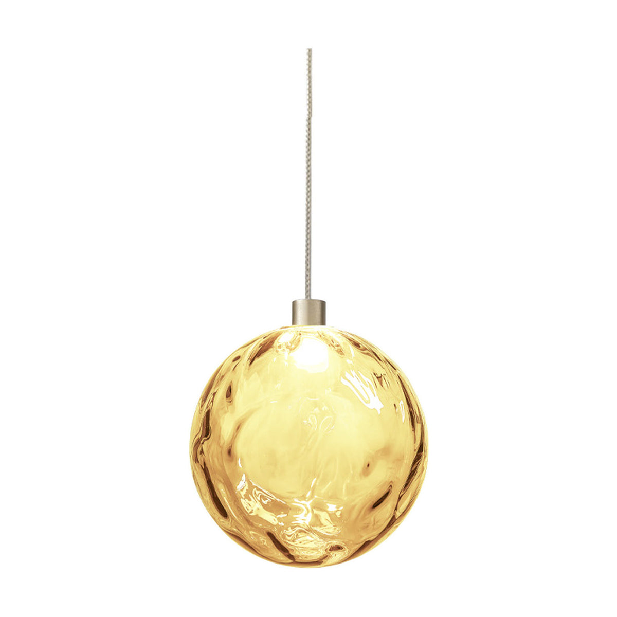 Murané Glass Sphere LED Pendant Light, 15cm amber glass globe with rippled texture, slim cord and Brushed Champagne cap, glowing warm white, on a plain white background.