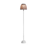 Atticus P/114/R rechargeable outdoor floor lamp with a woven beige dome shade, slim pole, and rounded white base, shown lit on a plain white background.