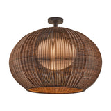 Garota PF/02 globe outdoor ceiling light with a wide, rounded woven brown shade and glowing inner diffuser, mounted on a short stem with round ceiling canopy, shown on a plain white background.