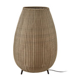 Amphora 02 Woven LED Outdoor Floor Lamp in beige, a tall rounded wicker-style shade narrowing to an open top, set on short dark tripod legs against a plain white background.