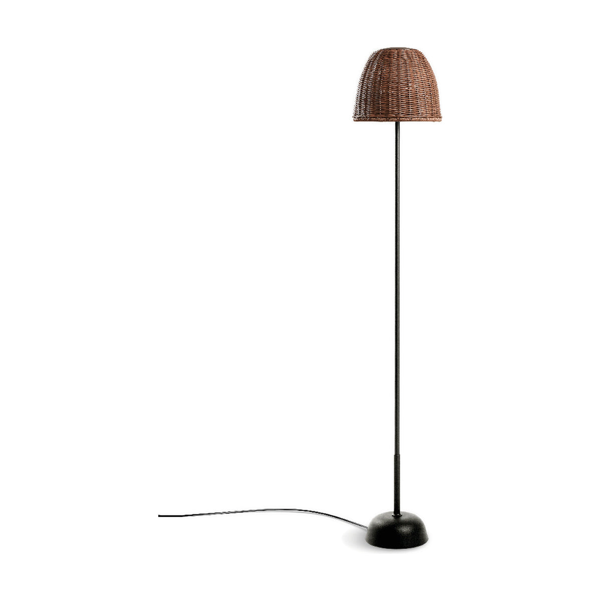 Atticus P/114 outdoor floor lamp with a woven brown bell-shaped shade on a slim stem and low domed base, shown against a plain white background.