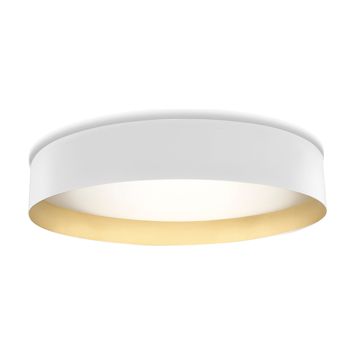 Ginevra LED Flush Ceiling Light, 80cm round design with matt white outer band, brass inner face, and white diffuser, shown on a plain white background.