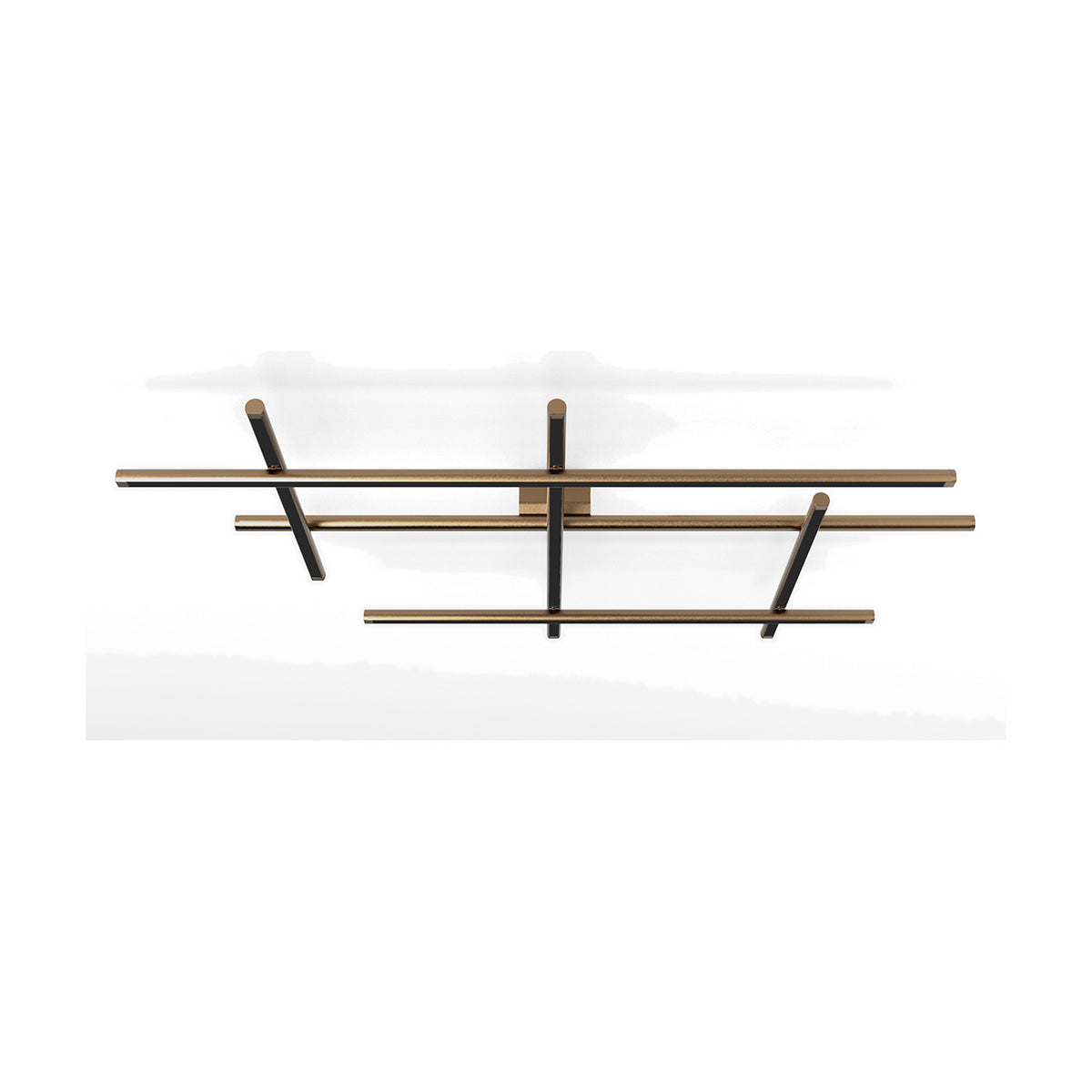 Hilow integrated LED ceiling light with three long bars crossed by shorter diffuser bars in Brushed Bronze with black finish, set on a plain white background.