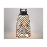 Nans Portable M/41/R rechargeable outdoor table lamp, lantern-shaped with tapered brown diamond-weave shade, dark cap, and wooden carry handle, glowing warm white on a plain light background.