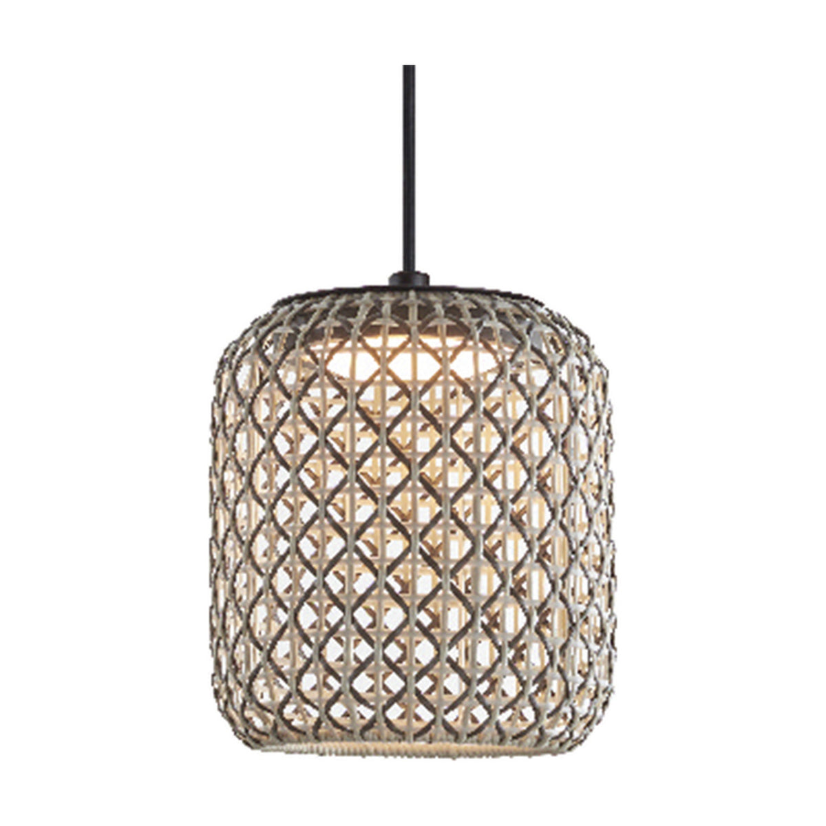 Nans S/21 outdoor pendant light with a rounded woven brown synthetic fibre shade, open lattice pattern, integrated warm white LED, and black cord on a plain white background.