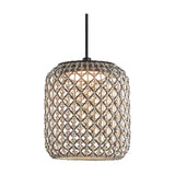 Nans S/21 outdoor pendant light with a rounded woven brown synthetic fibre shade, open lattice pattern, integrated warm white LED, and black cord on a plain white background.