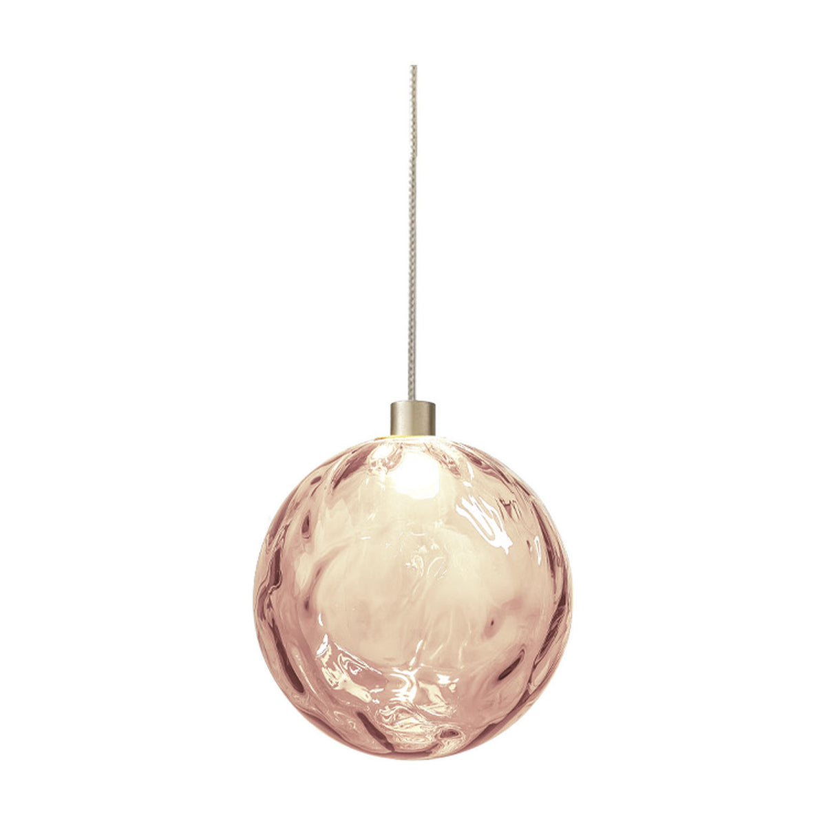 Murané pendant light with a 15cm rippled pink glass sphere, integrated LED, and slim cable suspension from a Brushed Champagne cap, shown on a plain white background.