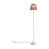 Atticus P/114 outdoor floor lamp with a domed woven light beige shade, slim white stem and round base, integrated LED, shown on a plain white background.