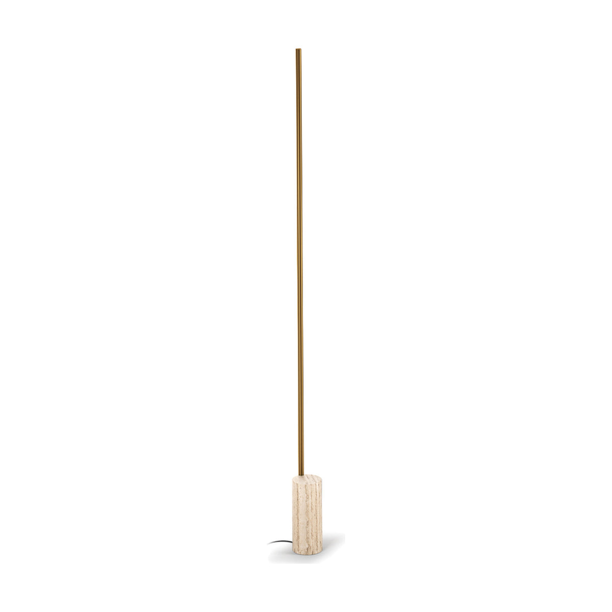 Hilow Line Travertine LED floor lamp with a slim brass aluminium rod rising from a round travertine base, shown against a plain white background.