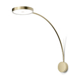 Dip Disc LED Wall Light in champagne-toned brushed metal, featuring a round wall-mounted base and long curved arm supporting a flat circular LED head, shown on a plain white background.