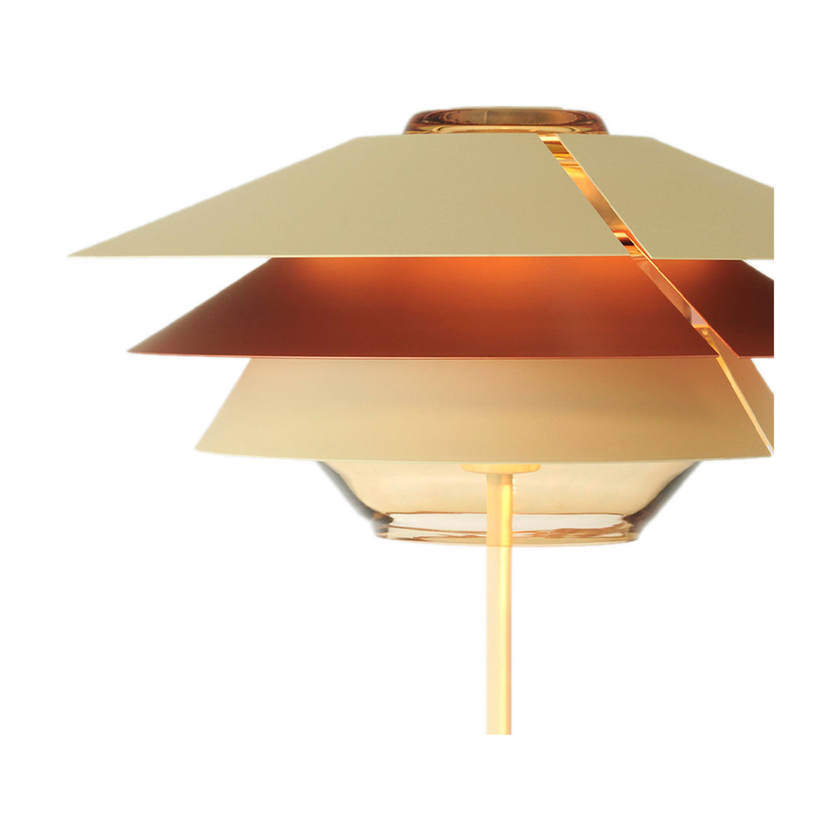 Close-up of the Overlay F Cognac floor lamp showing layered conical shade tiers in beige, grey and yellow over a cognac glass bowl, with a slim stem, on a white background.