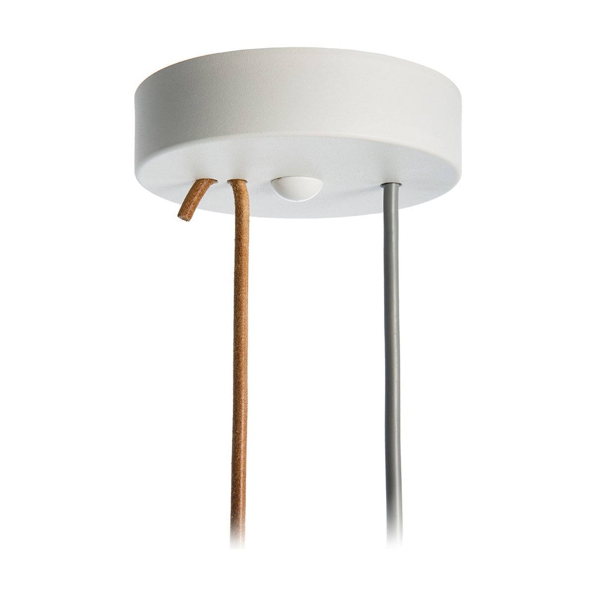 Close-up of the white round ceiling canopy for the Paros Alabaster Pendant Light, showing the fabric cable exits against a plain white background.