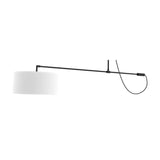 Raisa Fabric Drum Pendant Light in matt black, with a slim offset arm, ceiling canopy, white fabric drum shade, and counterweight end, shown on a plain white background.