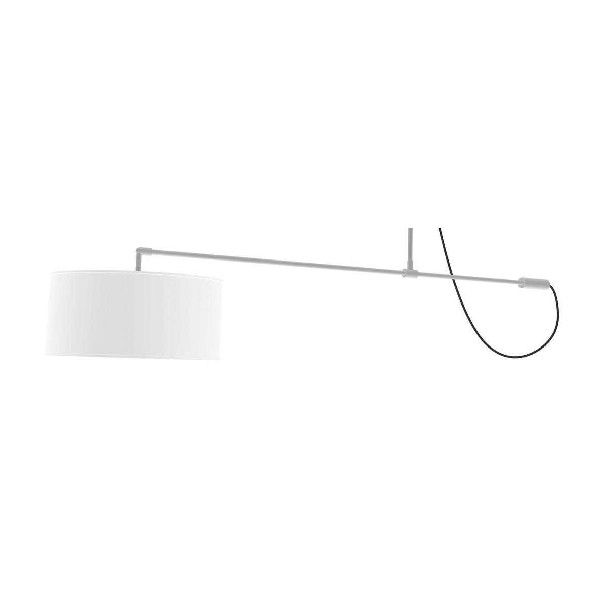 Raisa Fabric Drum Pendant Light in matt white with a horizontal iron arm, white fabric drum shade, and black looping cable, shown on a white background.