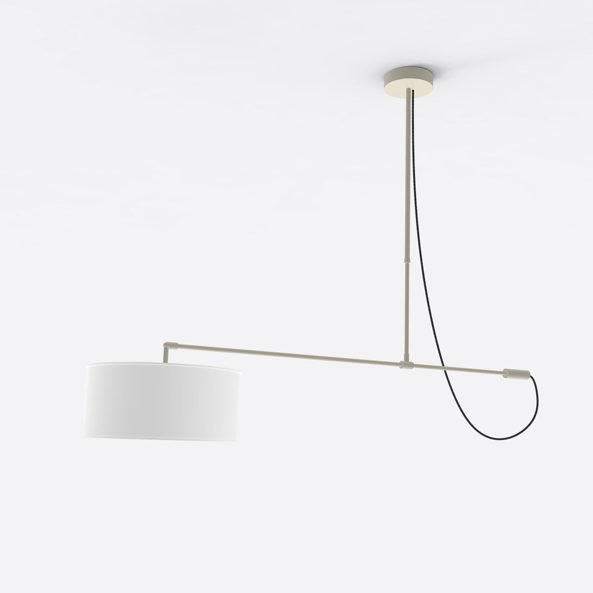 Raisa Fabric Drum Pendant Light in matt white, with a horizontal iron arm, white fabric drum shade, and looping cable, shown against a plain background.