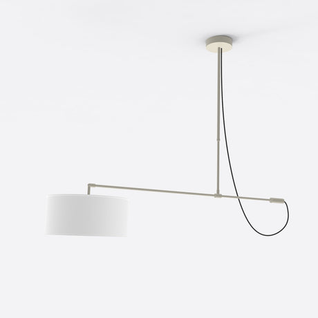 Raisa Fabric Drum Pendant Light in matt white, with a horizontal iron arm, white fabric drum shade, and looping cable, shown against a plain background.