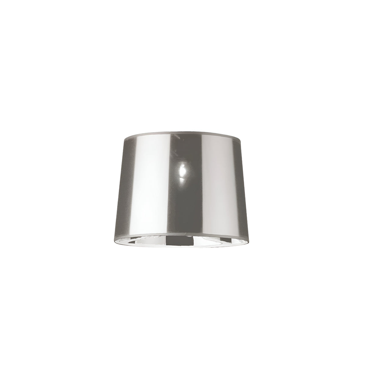The Lucidia Lampshade - Chrome, with its smooth and reflective metallic finish, stands elegantly against a plain white background, showcasing its modern lighting appeal.