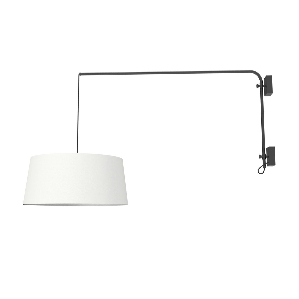 Raisa Fabric Drum Adjustable Swing Arm Wall Light in matt black, with a long angled iron arm and a white fabric drum shade suspended on a cable, shown on a plain white background.
