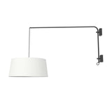 Raisa Fabric Drum Adjustable Swing Arm Wall Light in matt black, with a long angled iron arm and a white fabric drum shade suspended on a cable, shown on a plain white background.
