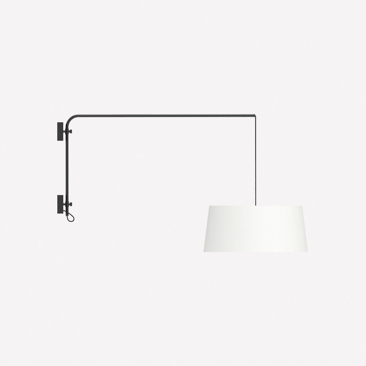 Raisa Fabric Drum Adjustable Swing Arm Wall Light in matt black, with a long iron arm and suspended white fabric drum shade on a textile cable, shown on a plain white background.