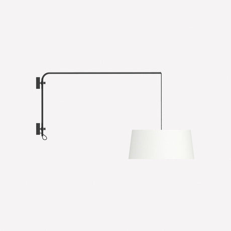 Raisa Fabric Drum Adjustable Swing Arm Wall Light in matt black, with a long iron arm and suspended white fabric drum shade on a textile cable, shown on a plain white background.