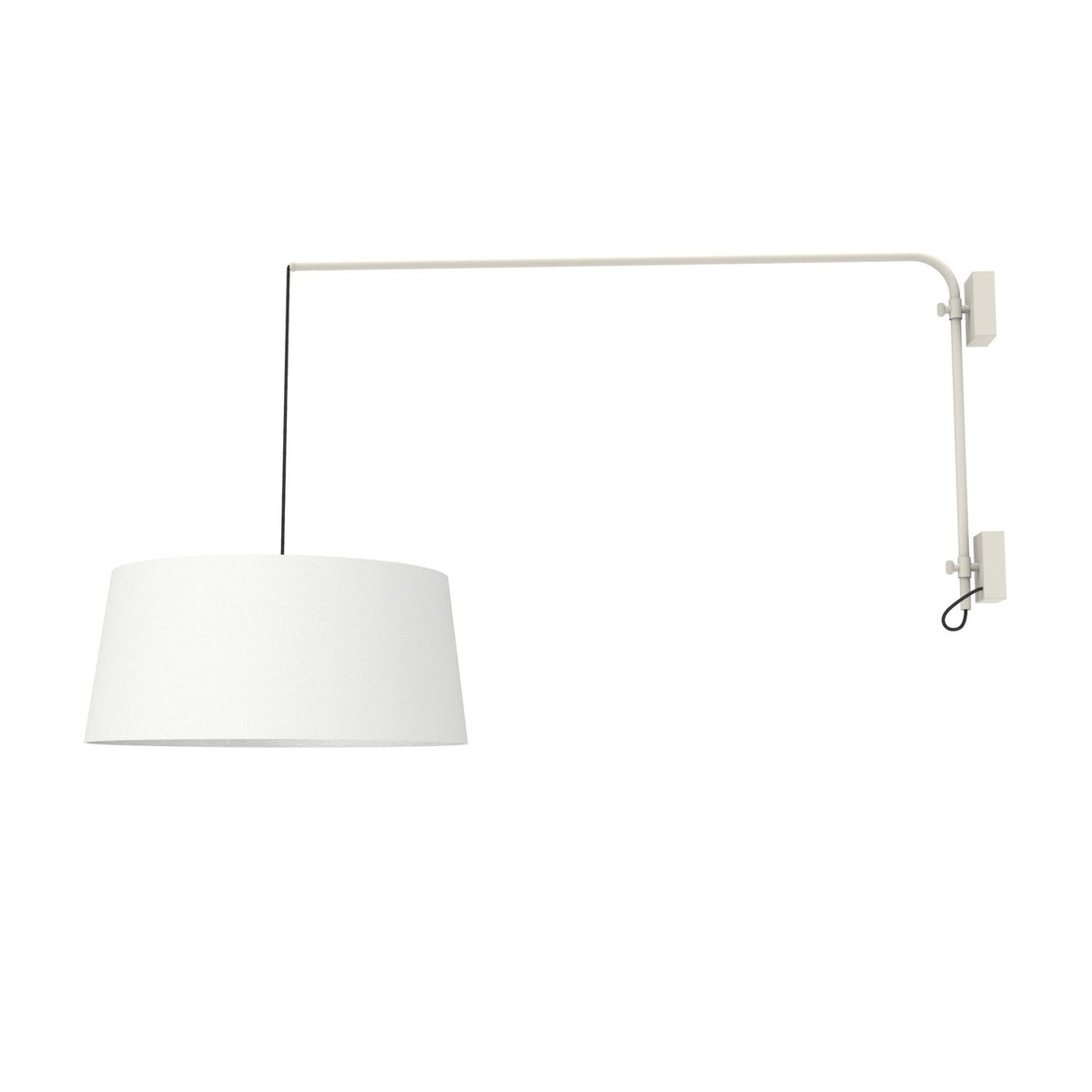 Raisa Fabric Drum Adjustable Swing Arm Wall Light in matt white, with a long angled iron arm and white fabric drum shade suspended on a cable, shown against a plain white background.