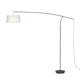 Raisa Fabric Drum Arc Floor Lamp in matt black, with a slim iron stem, curved overhanging arm, and white fabric drum shade, on a round weighted base against a plain white background.