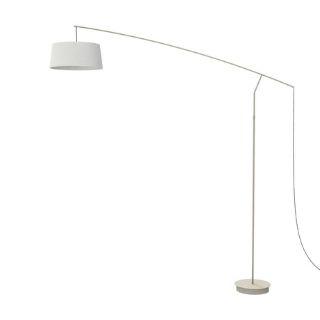 Raisa Fabric Drum Arc Floor Lamp in matt white, with a slim iron upright, curved overhead arm, round base, and a fabric drum shade, shown on a plain white background.