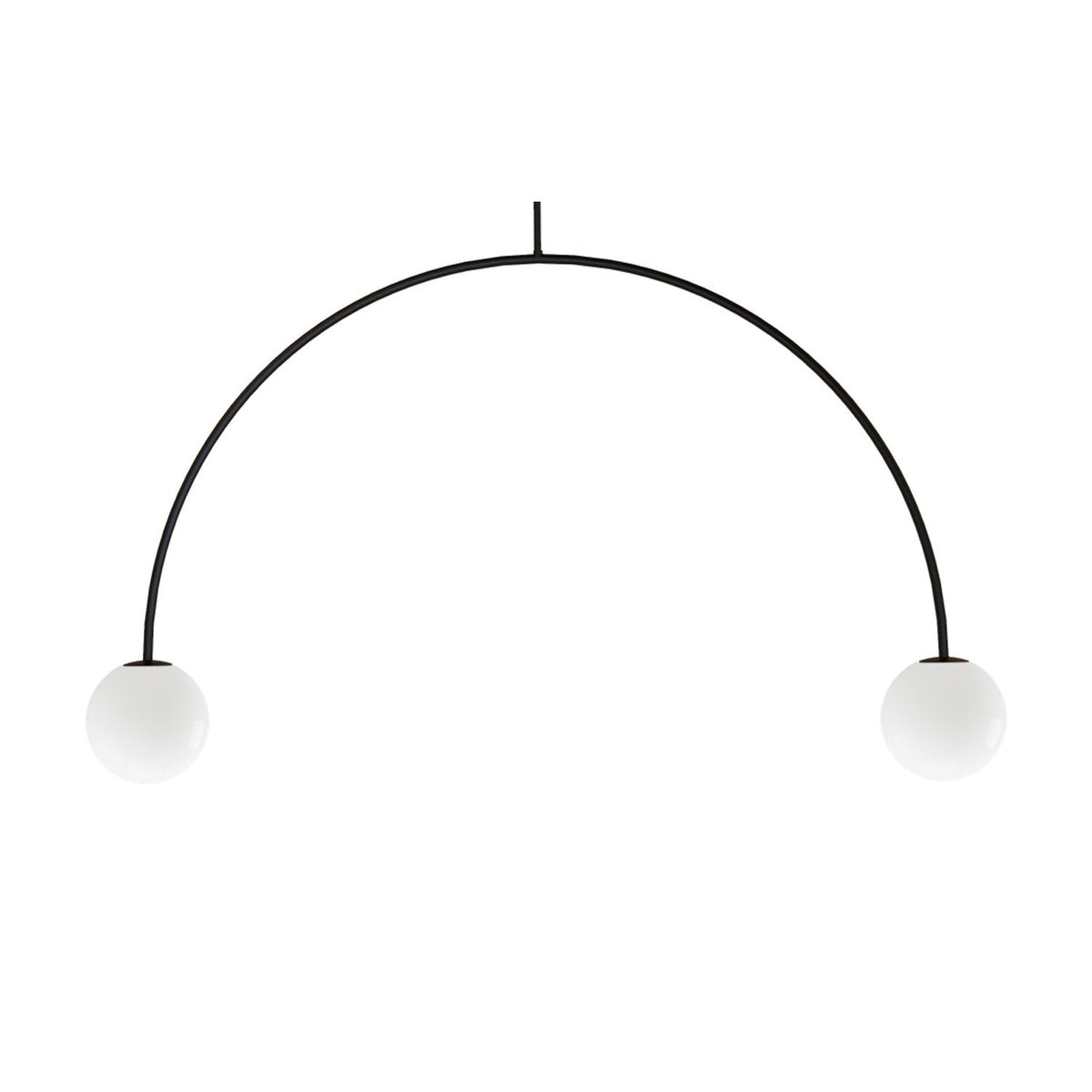 Riga 2 Light Glass Globe Pendant Light in matt black iron, with a slim arched frame and two white glass globe shades, shown on a plain white background.