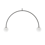 Riga 2 Light Glass Globe Pendant Light in matt black iron, with a slim arched frame and two white glass globe shades, shown on a plain white background.