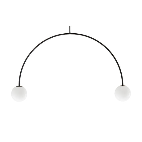Riga 2 Light Glass Globe Pendant Light in matt black iron, with a slim arched frame and two white glass globe shades, shown on a plain white background.