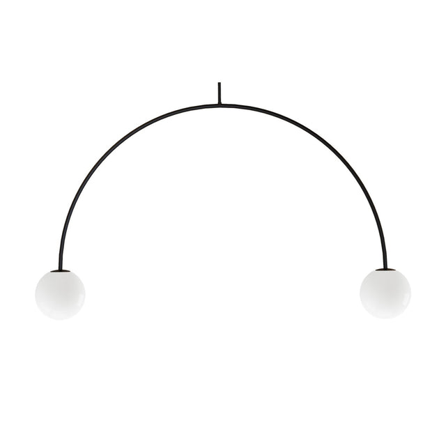 Riga 2 Light Glass Globe Pendant Light in matt black iron, with a slim arched frame and two white glass globe shades, shown on a plain white background.