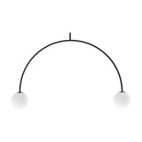 Riga 2 Light Glass Globe Pendant Light in matt black iron, arched frame with two white glass globes and G9 holders, on a plain white background.