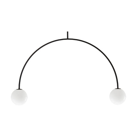Riga 2 Light Glass Globe Pendant Light in matt black iron, arched frame with two white glass globes and G9 holders, on a plain white background.