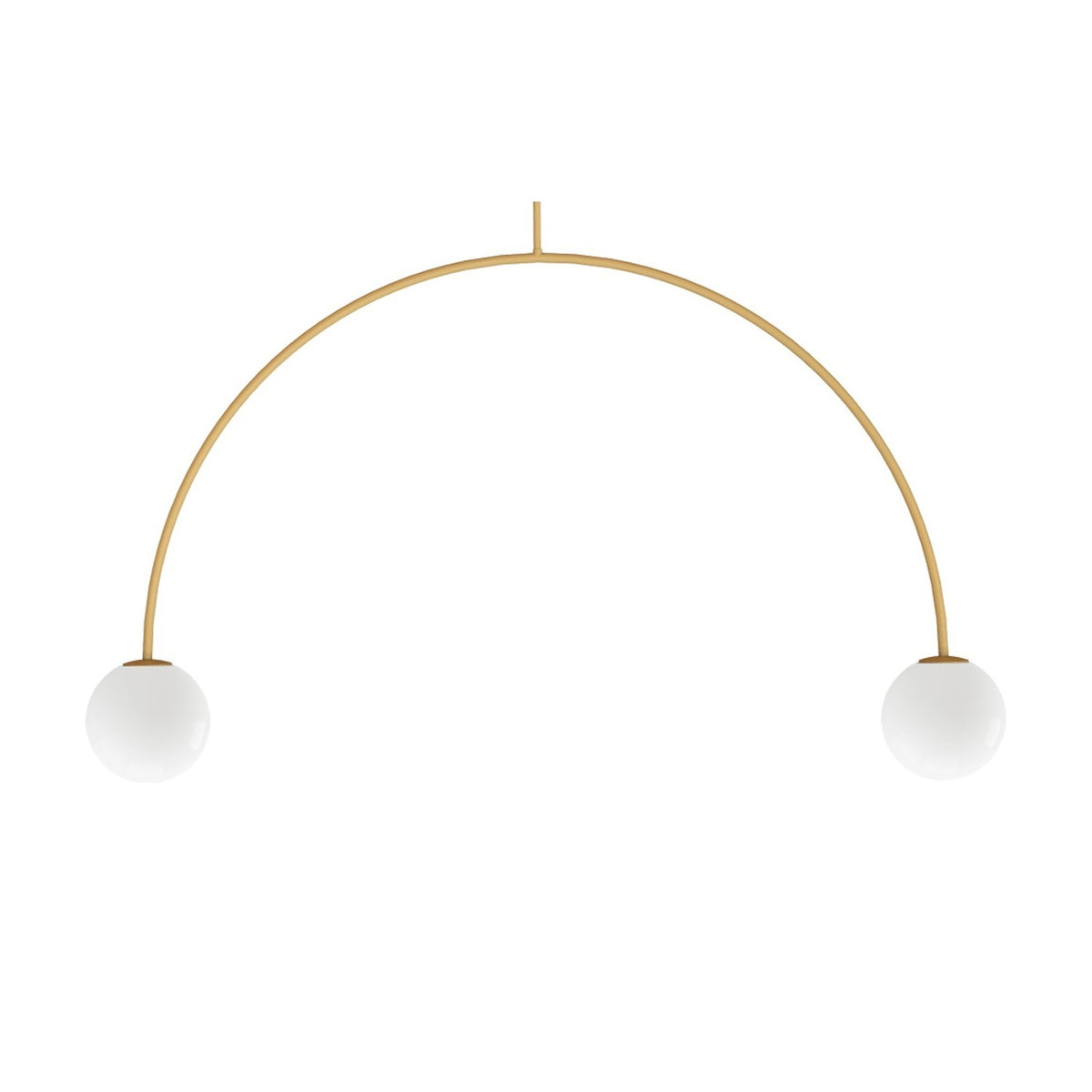 Riga 2 Light Glass Globe Pendant Light in yellow, a curved iron arm with two opal white glass globes and G9 holders, shown on a plain white background.