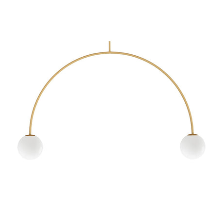 Riga 2 Light Glass Globe Pendant Light in yellow, a curved iron arm with two opal white glass globes and G9 holders, shown on a plain white background.