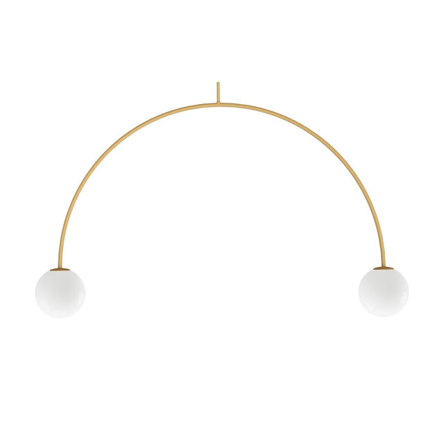 Riga 2 Light Glass Globe Pendant Light in yellow, a curved iron arm with two opal white glass globes and G9 holders, shown on a plain white background.