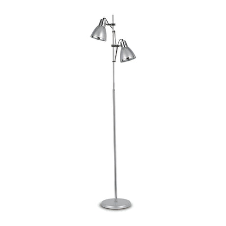 Introducing the Astral Floor Lamp - Silver, a sleek addition to modern settings. It features a chrome finish with two adjustable lamp heads on a tall, slender pole and a round base, perfect for directing light where you need it.