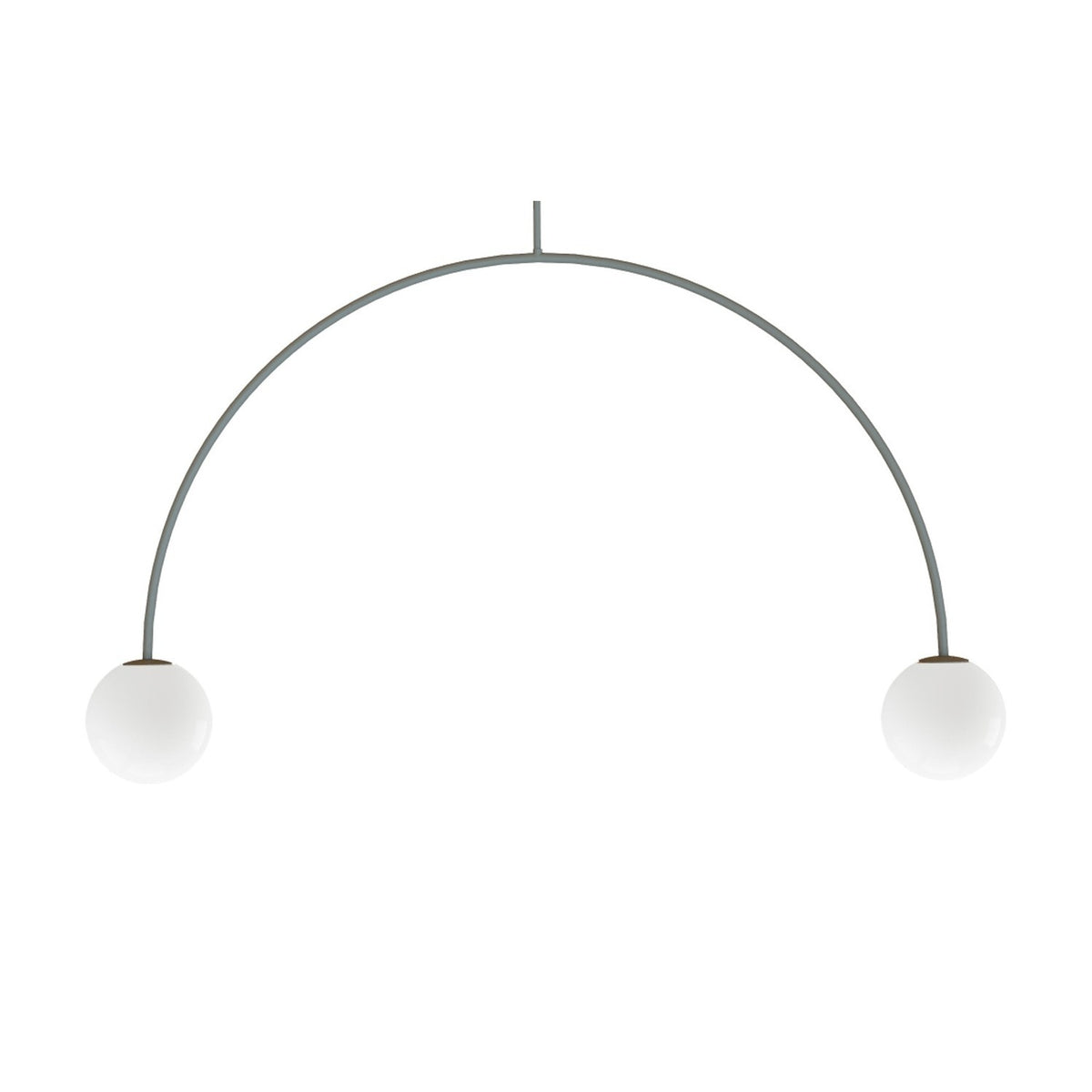 Riga 2 Light Glass Globe Pendant Light in Green, a curved iron arch with two white opal glass globes on a single stem, shown on a plain white background.
