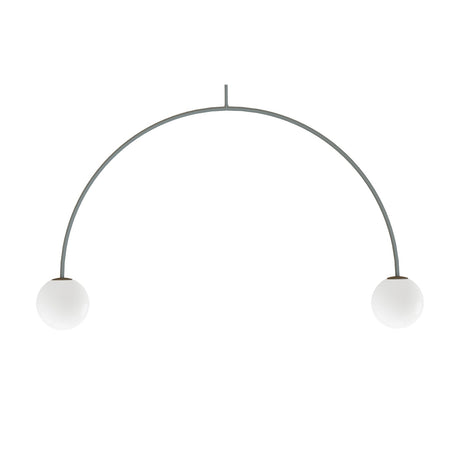 Riga 2 Light Glass Globe Pendant Light in Green, a curved iron arch with two white opal glass globes on a single stem, shown on a plain white background.