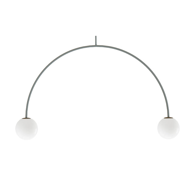 Riga 2 Light Glass Globe Pendant Light in Green, a curved iron arch with two white opal glass globes on a single stem, shown on a plain white background.