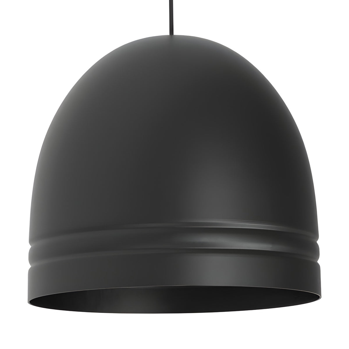 Ronda Dome Pendant Light in matt black aluminium, a single dome shade with ribbed bands near the open rim, hung on a black cable, shown against a plain white background.