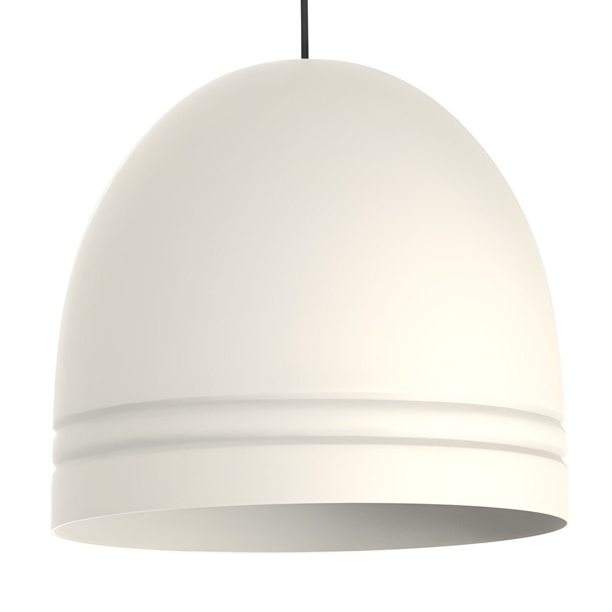 Ronda Dome Pendant Light in matt white aluminium, rounded dome shade with ridged bands above the open rim, E27 fitting, shown on a plain white background.