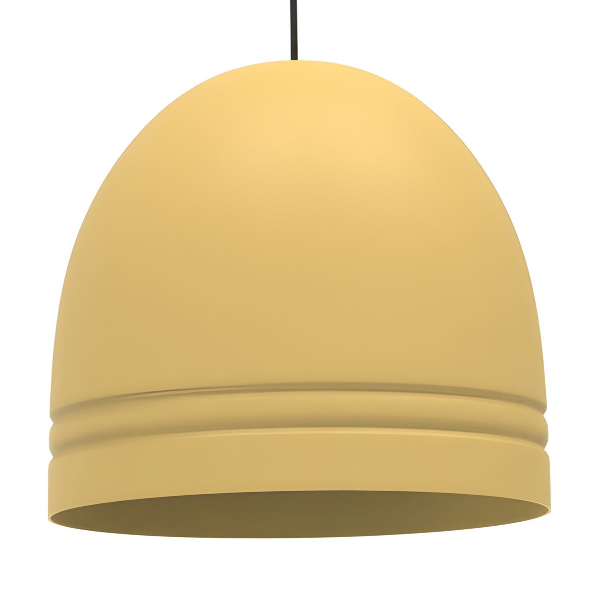 Ronda Dome Pendant Light in yellow aluminium, a smooth domed shade with grooved rings above the open rim, hung on a black textile cable against a plain white background.