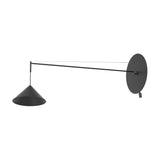 Roma cone wall light in matt black, with a round disc backplate, slim extended arm, and a single conical shade suspended on a cord, shown on a plain white background.