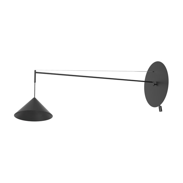 Roma cone wall light in matt black, with a round disc backplate, slim extended arm, and a single conical shade suspended on a cord, shown on a plain white background.
