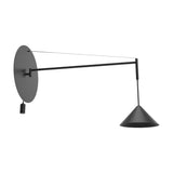 Roma cone wall light in matt black, with a round disc backplate, long slim arm supported by a fine wire, and a cone-shaped shade hanging on a cord, shown on a plain white background.