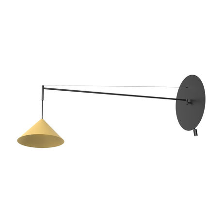 Roma Cone wall light with a matt black round wall disc, slim extending arm, and a sand yellow aluminium cone shade suspended by cord and support wire, shown on a plain white background.